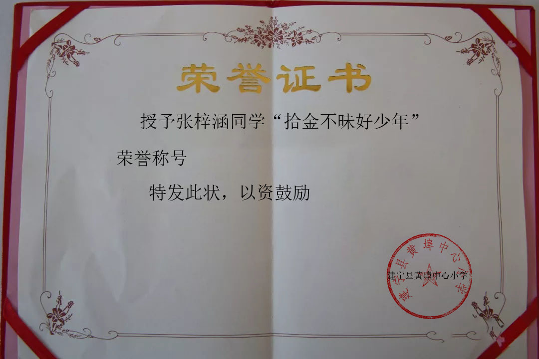 张梓涵拾金不昧好少年